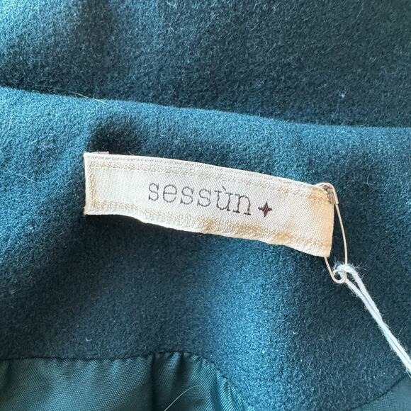 Vintage 2000s SESSÙN Teal Green Wool Blend Funnel Neck Coat - Picture 11 of 13